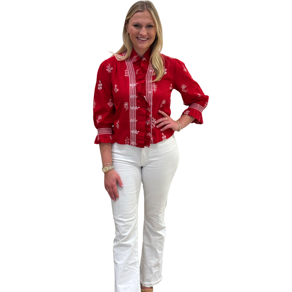 The Amelia Ruffle Front Top in Red and White Embroidered cotton — view 2