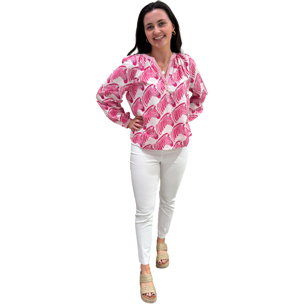 The Chandler Striped Trim Cotton Top in Pink Zebra — view 2