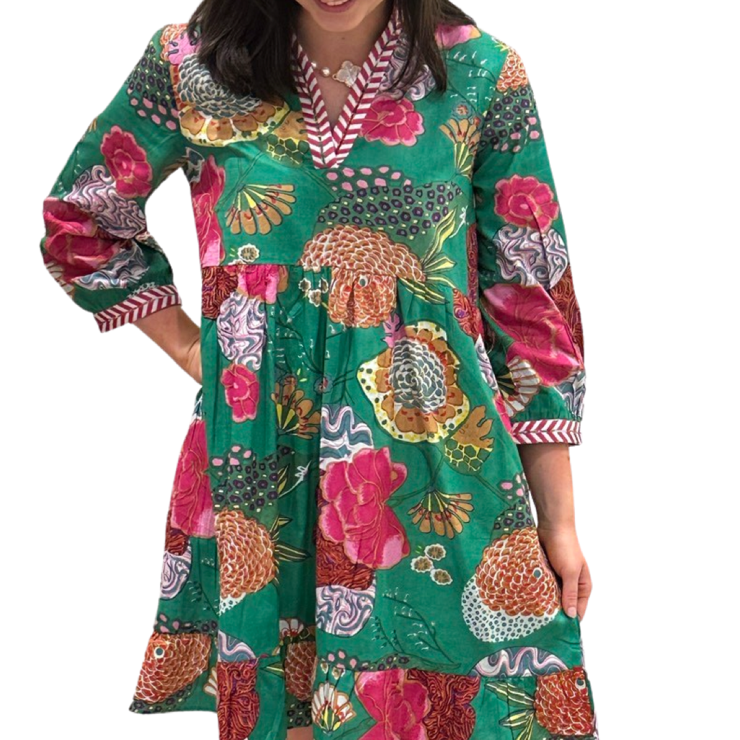 The Morley Cotton Hand Block Printed Embroidered Trim Dress in Jade — view 4