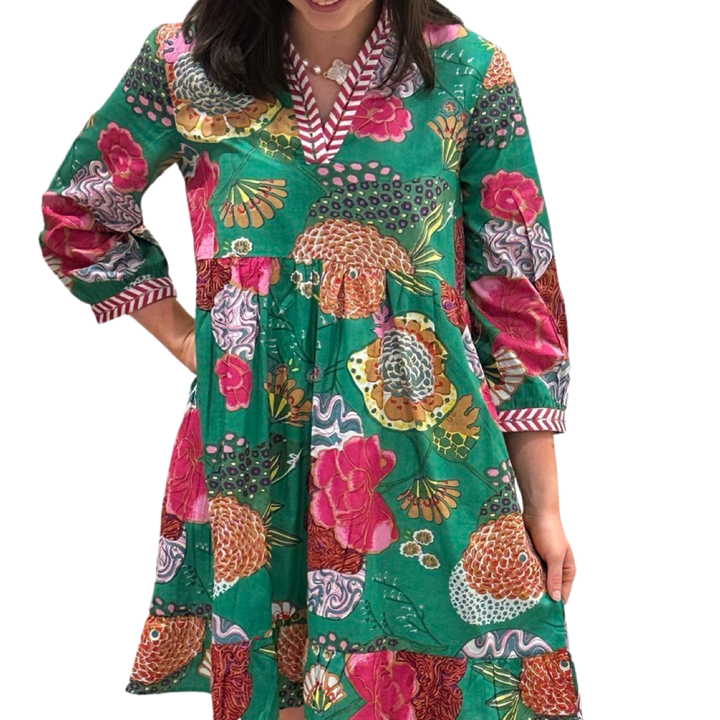 The Morley Cotton Hand Block Printed Embroidered Trim Dress in Jade — view 4