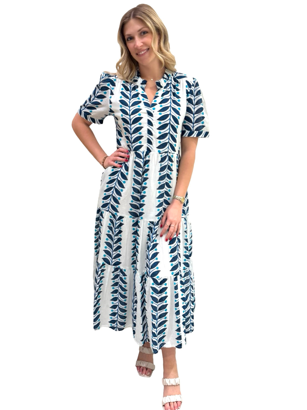 The Campbell Short Sleeve Cotton Dress in Blue Vine Print — view 2