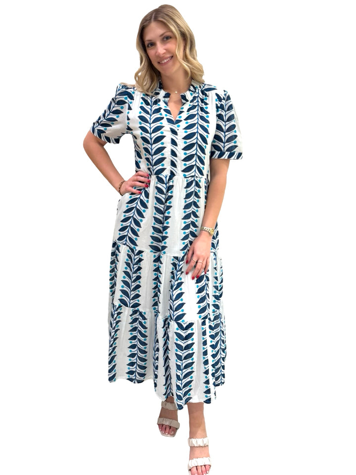 The Campbell Short Sleeve Cotton Dress in Blue Vine Print — view 2