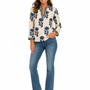 The Kelsea Embroidered Trim Top in Navy White Lotus Floral Print