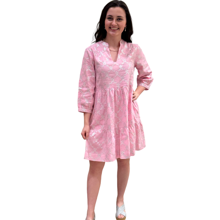 The Preston Metalic Jaquard Dress in Soft Pink and Silver