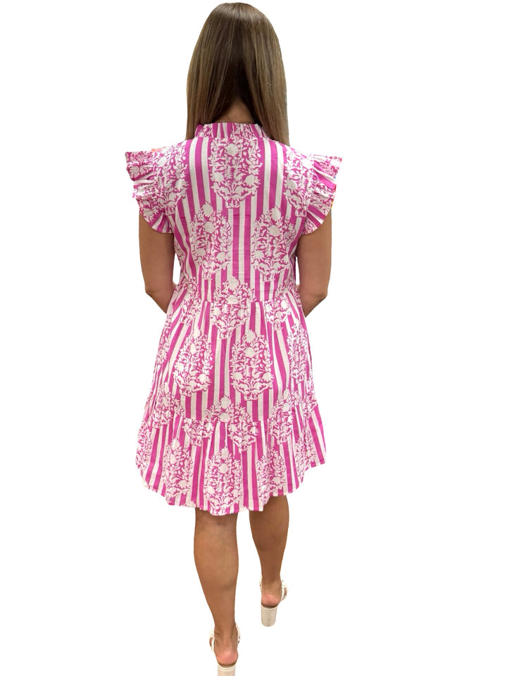 The Campbell Flutter Sleeve Dress in Pink White Stiped Floral — view 5