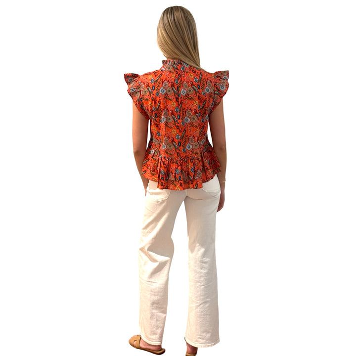 The Bella Ruffle Trim Top in Coral Parrot Print Cotton — view 6