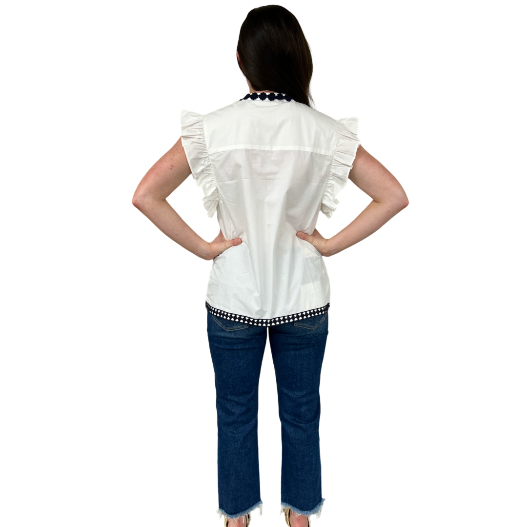 The Huntley White Flutter Sleeve Top with Navy Crochet Trim — view 5
