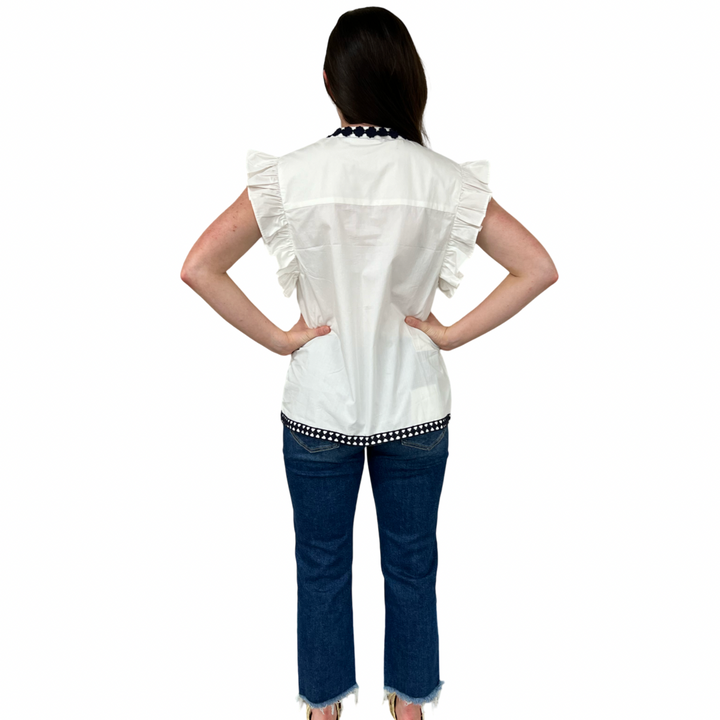 The Huntley White Flutter Sleeve Top with Navy Crochet Trim — view 5