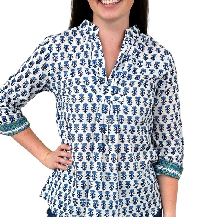 The Eloise Cotton Top in White Blue Hand Blocked Floral — view 4