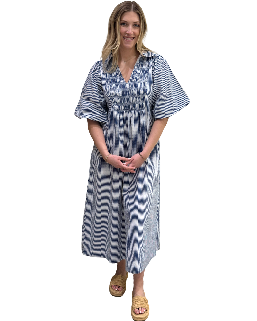 The Joanie White Blue Striped Short Sleeve Smocked Dress — view 2
