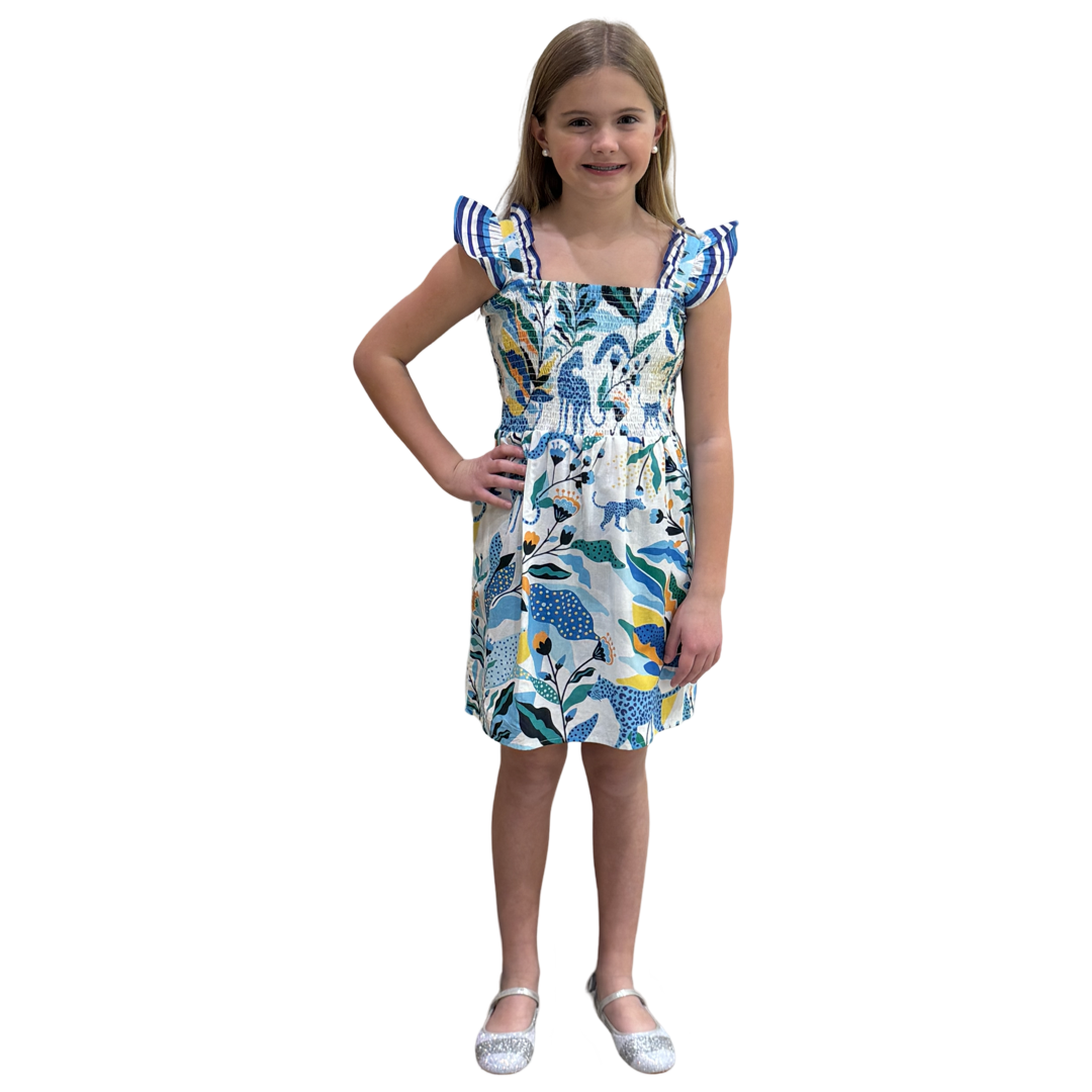 The Cloey Panther Print Dress in Blue Yellow Multi — view 2