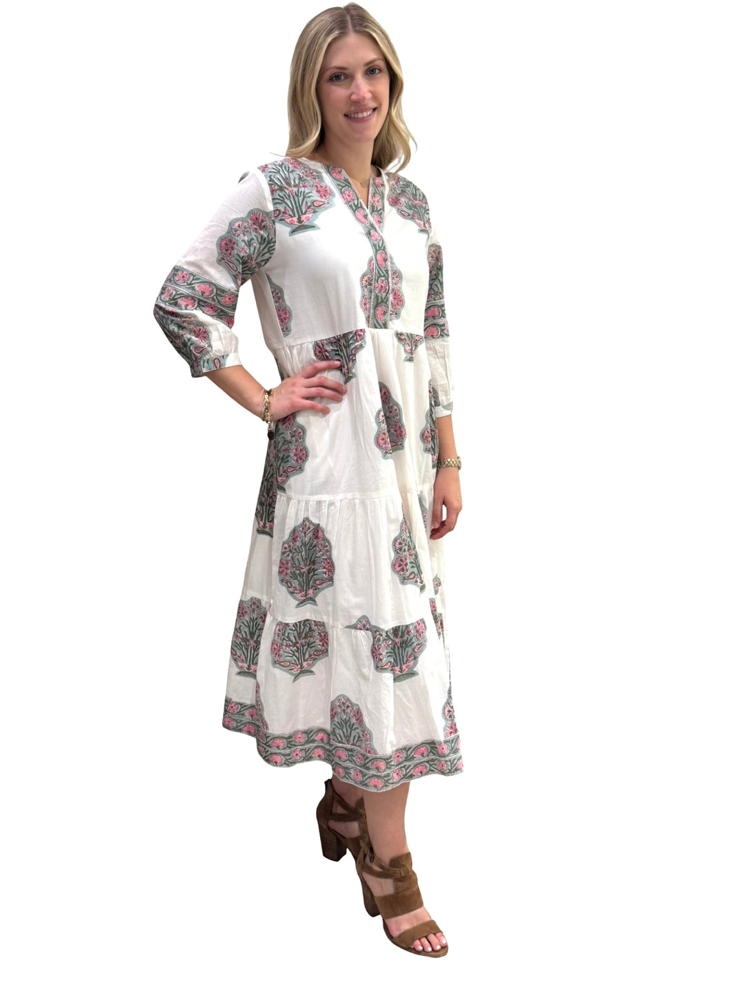 The Evie Long Length Hand Block Printed Dress in Aqua Pink and White