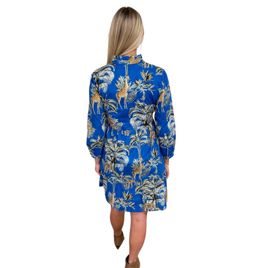 The Marnie Cotton Jungle Print Dress in Brilliant Blue — view 6