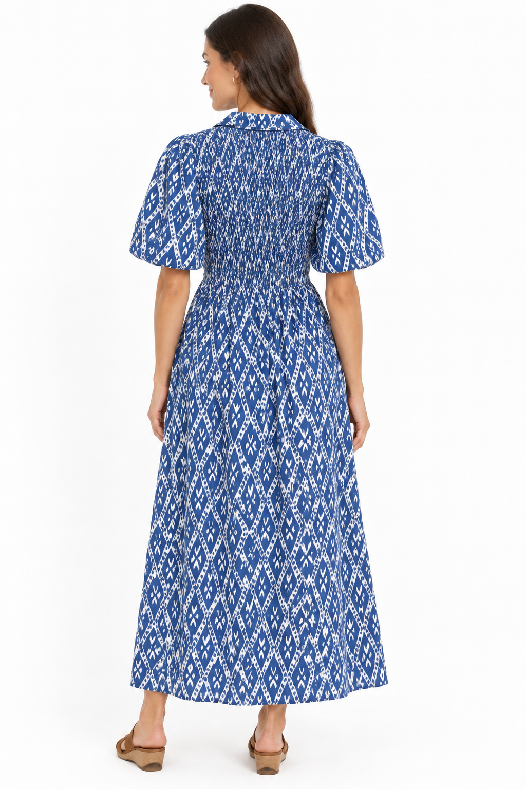 The Joanie Smocked Dress in Blue White Ikat