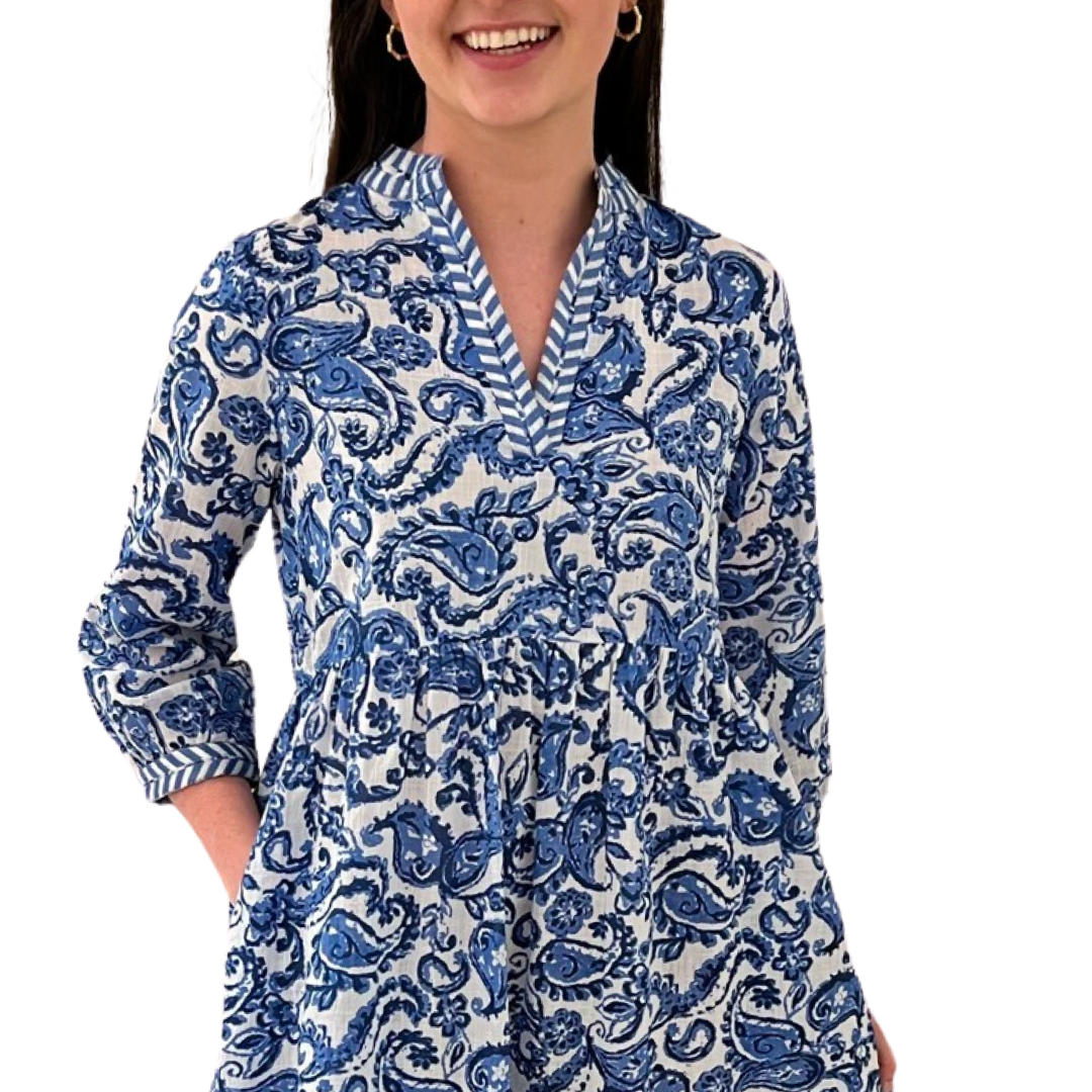 The Morley Cotton Embroidered Trim Dress in Blue and White — view 4