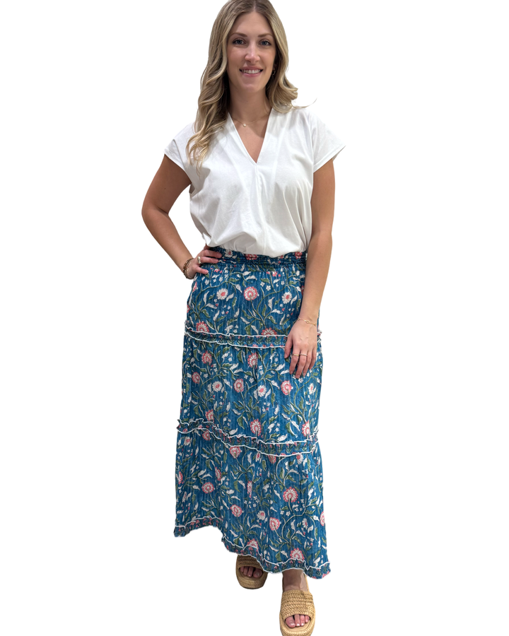 The Kara Long Length Skirt in Blue Pink Metallic Hand- Blocked Floral — view 2