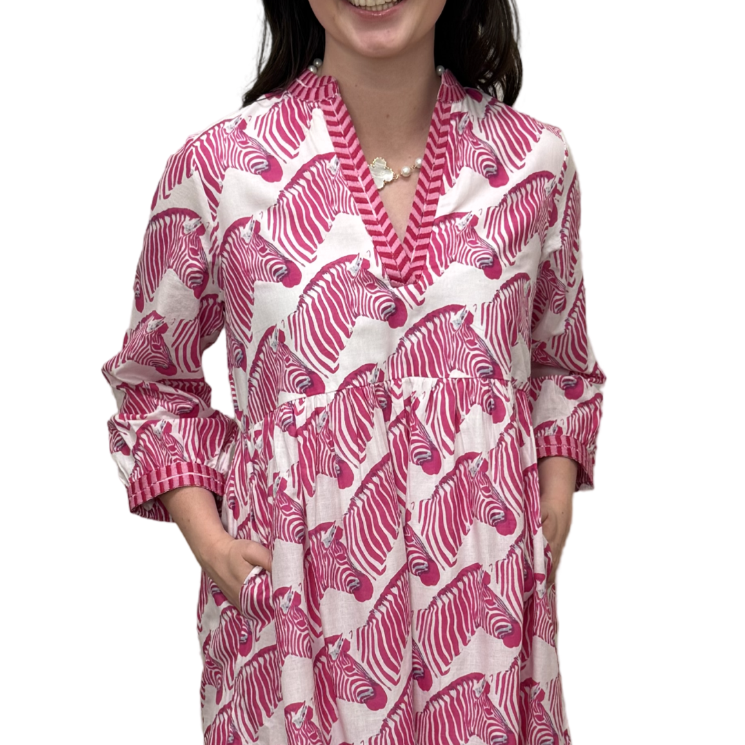 The Show Your Stripes Morley Embroidered Trim Dress in Pink and White Zebra Print — view 5