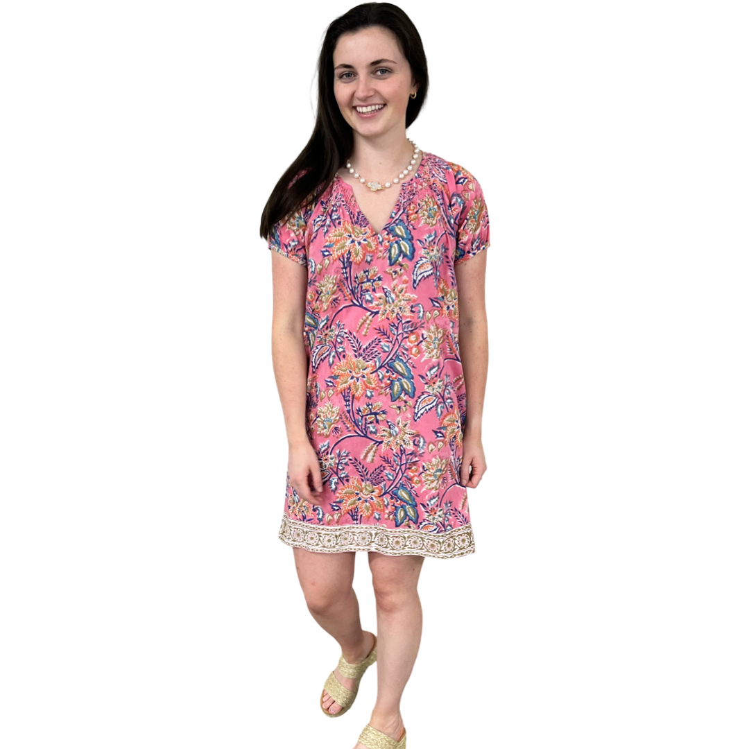 The Michelle Cotton Smocked Neck Pink Floral Dress — view 3