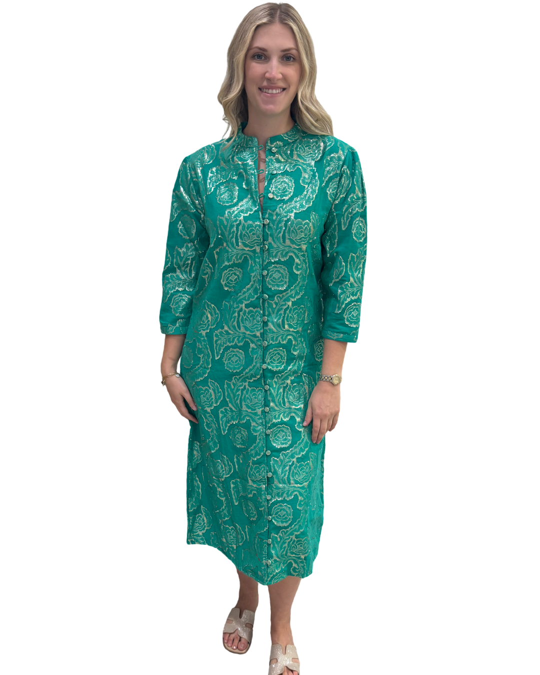 The Tabitha Button Front 3/4 Sleeve Dress  in Emerald Green and Gold