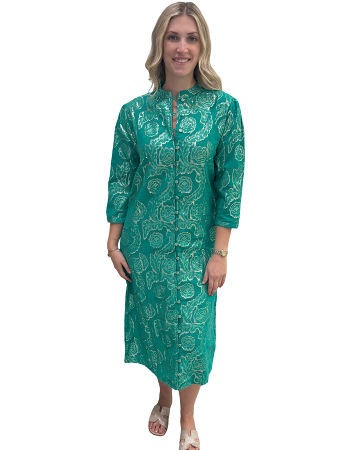 The Tabitha Button Front 3/4 Sleeve Dress  in Emerald Green and Gold