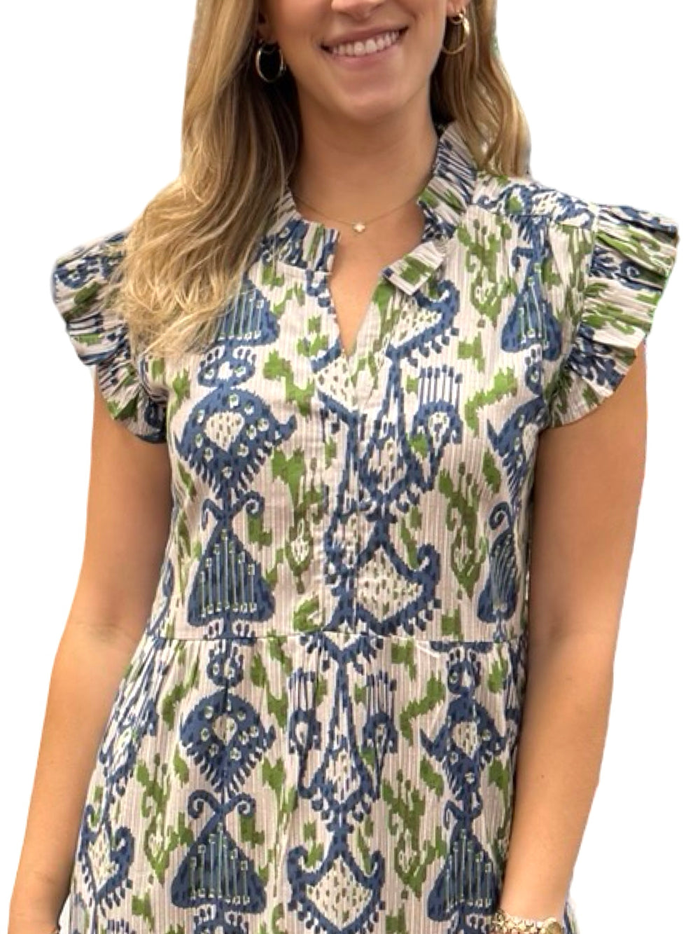The Campbell Flutter Sleeve Dress in Blue Green Ikat — view 2