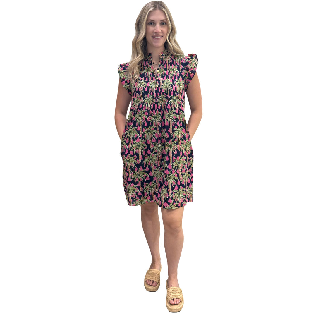 The Maggie Flutter Sleeve Dress in Pink Navy Palm Print — view 3