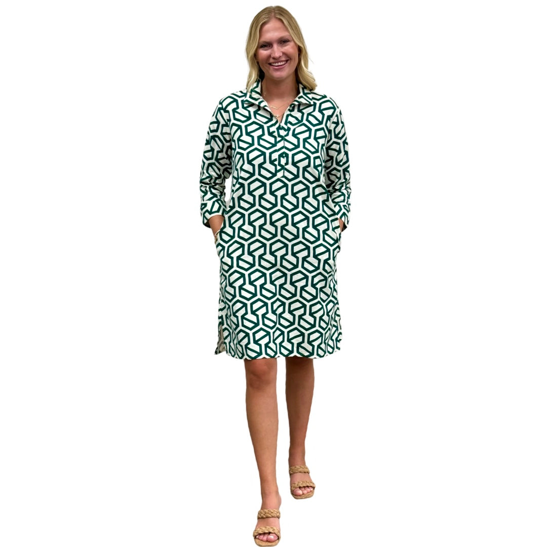 The Lisette Cotton Linen Dress in Emerald and White — view 2