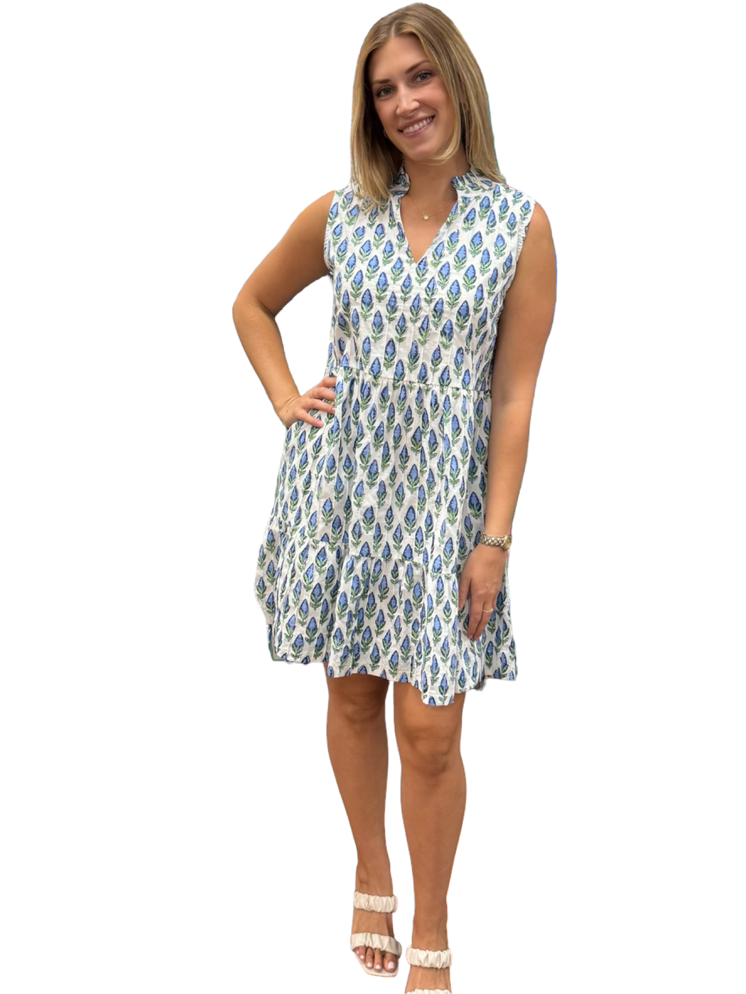 The Bennett Sleeveless Cotton Dress in Blue Hand Block Printed Blue Tulip Floral — view 2