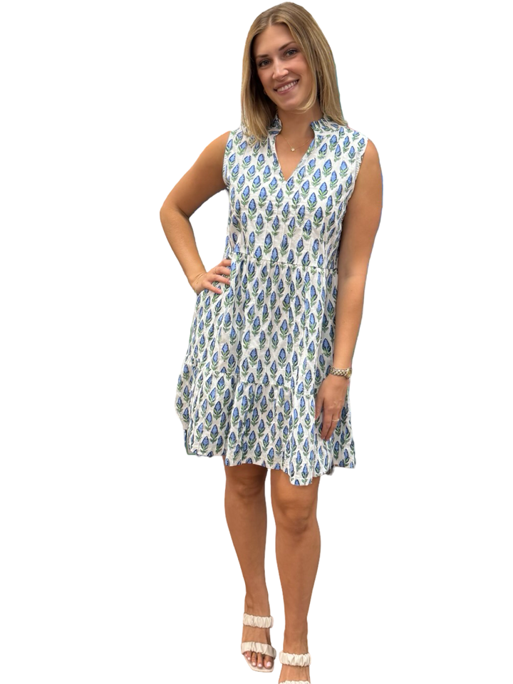 The Bennett Sleeveless Cotton Dress in Blue Hand Block Printed Blue Tulip Floral — view 2