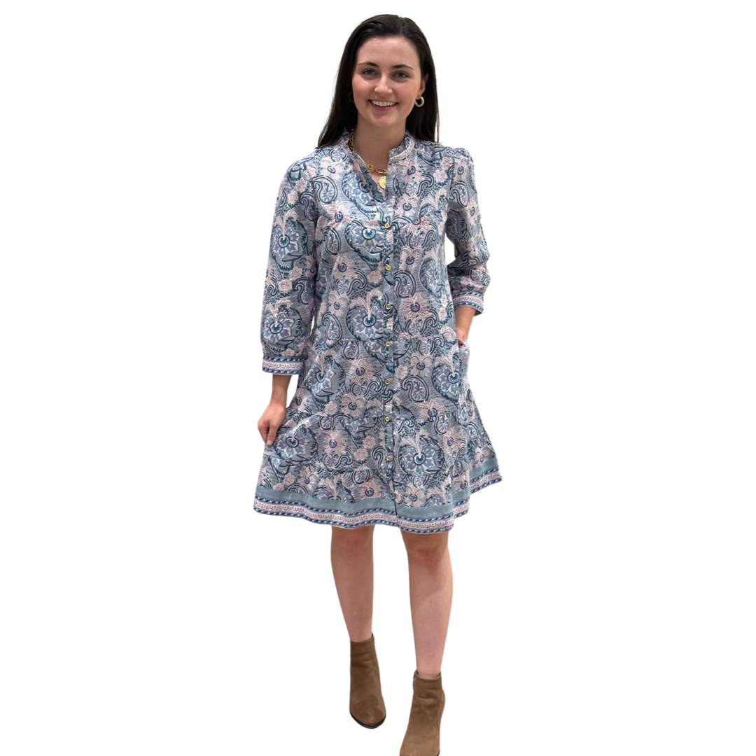 The Lacey Button Front Block Print Cotton Dress in Sage Green