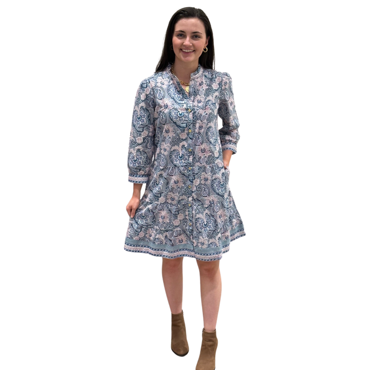 The Lacey Button Front Block Print Cotton Dress in Sage Green