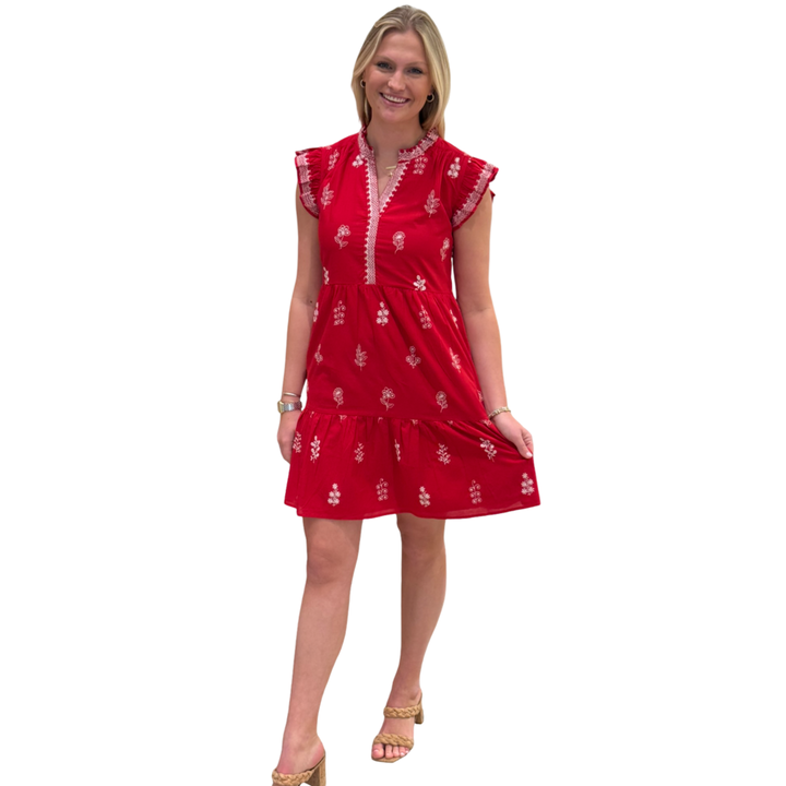 The Embroidered Campbell Flutter Sleeve in Red and White — view 4