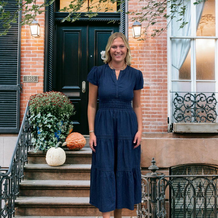 The Sydney Cinch Waist Dress in Denim — view 4