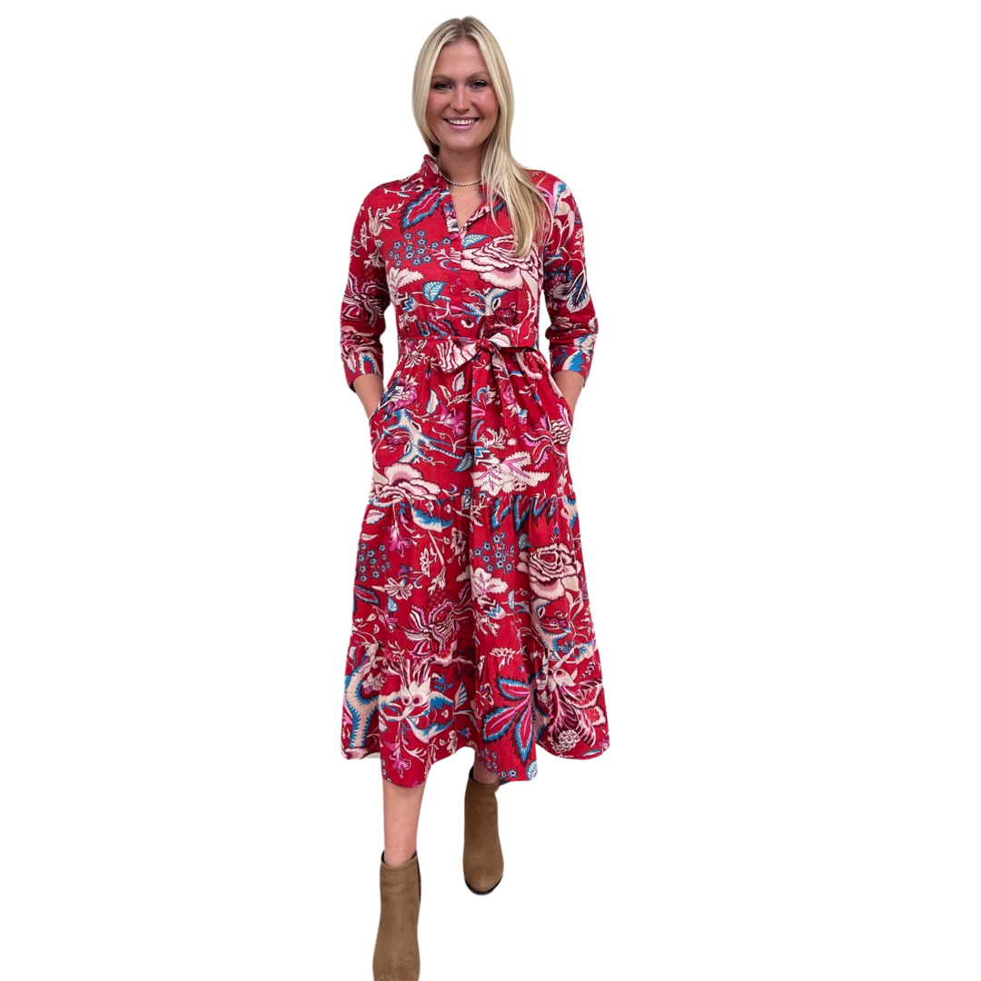 The Camden Block Print Dress in Raspberry Floral