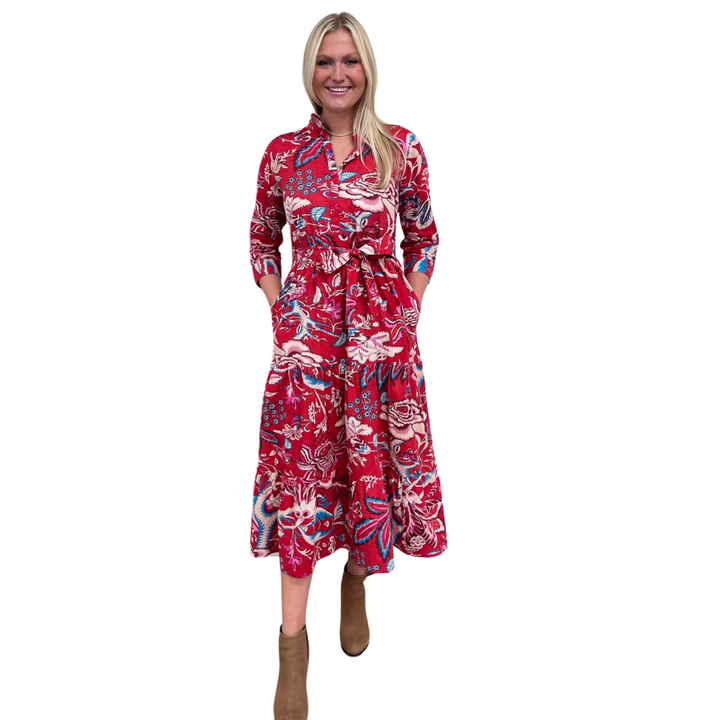 The Camden Block Print Dress in Raspberry Floral