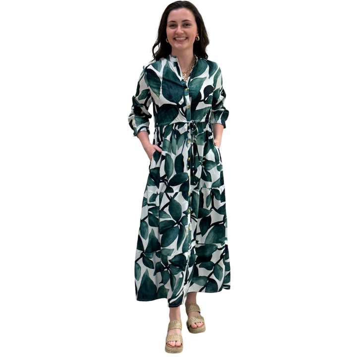 The  Hamilton Tie Waist Dress in Topiary Green Palm Print — view 5