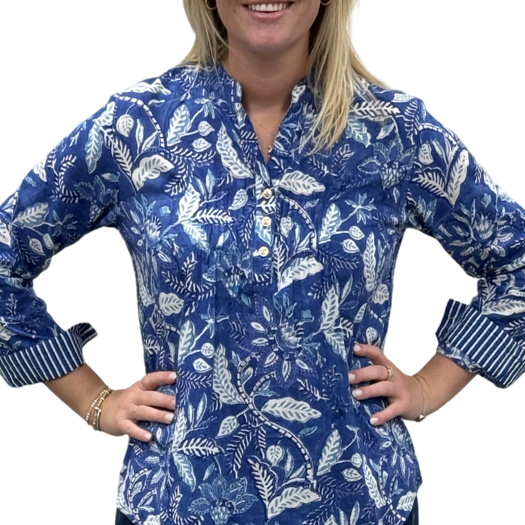 The Avery Cotton Hand Block Printed Top in Brilliant Blue Floral — view 4