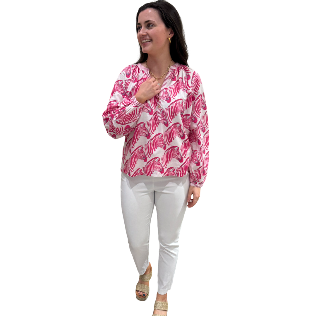 The Chandler Striped Trim Cotton Top in Pink Zebra — view 4