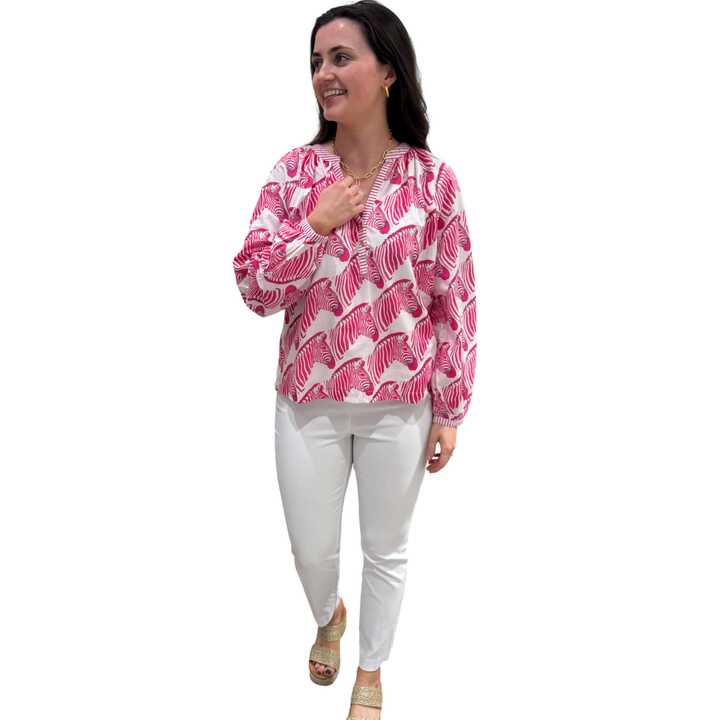 The Chandler Striped Trim Cotton Top in Pink Zebra — view 4
