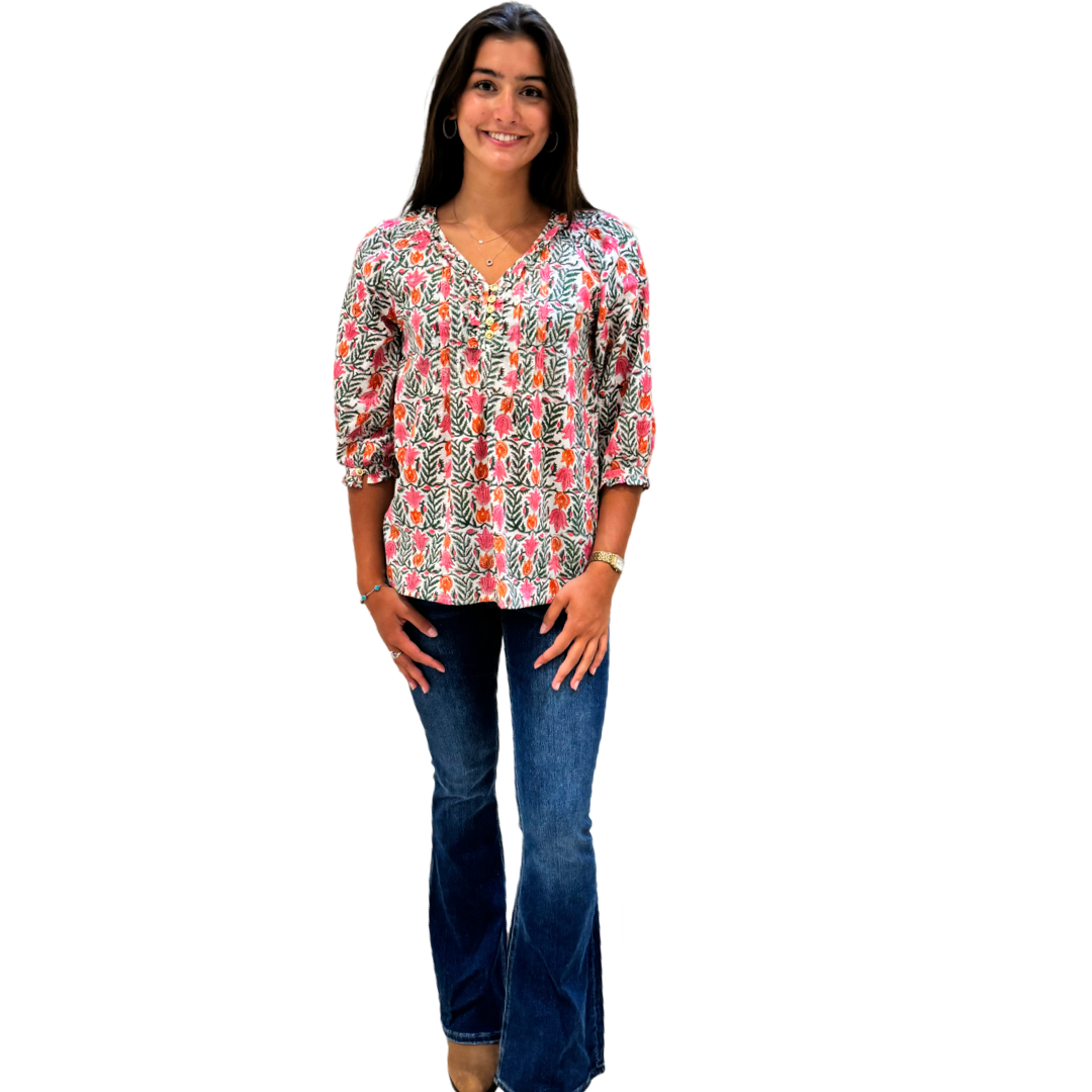 The Izzy Button Front Top in Coral Green Hand-Blocked Cotton