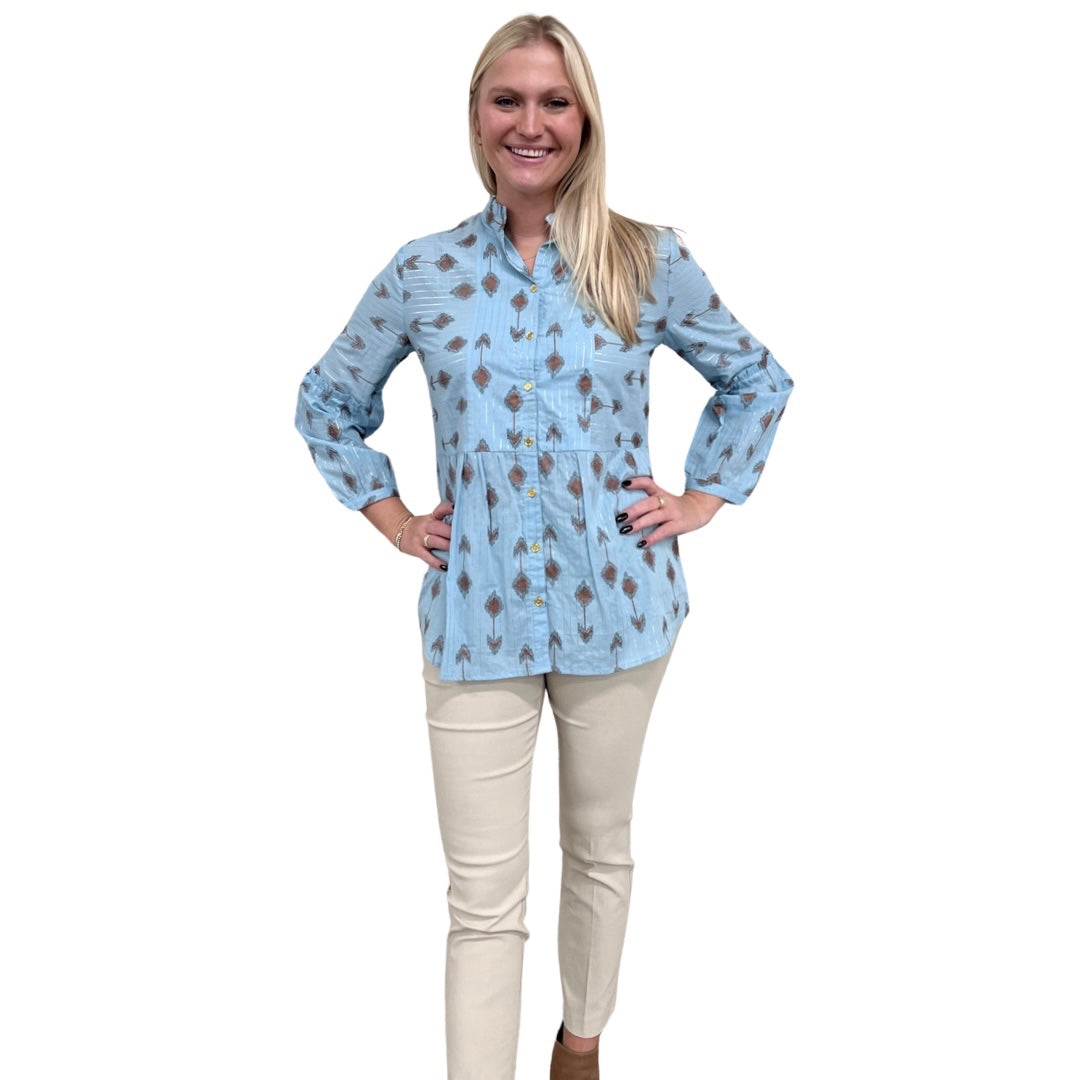 The Carmen Button Front Top in Blue Lurex Cotton
