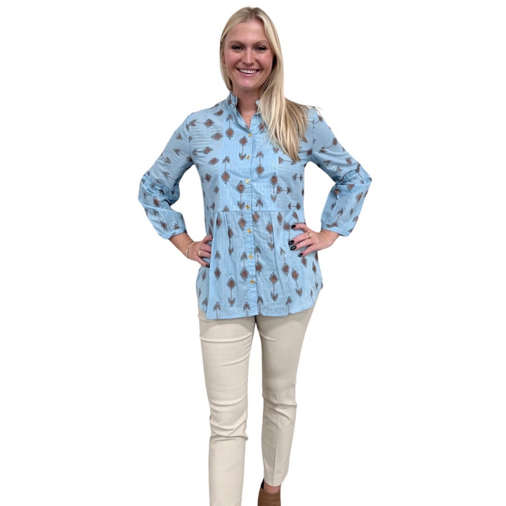 The Carmen Button Front Top in Blue Lurex Cotton