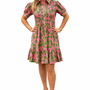 The Tasha Pink and Green Palm Print Smocked Dress