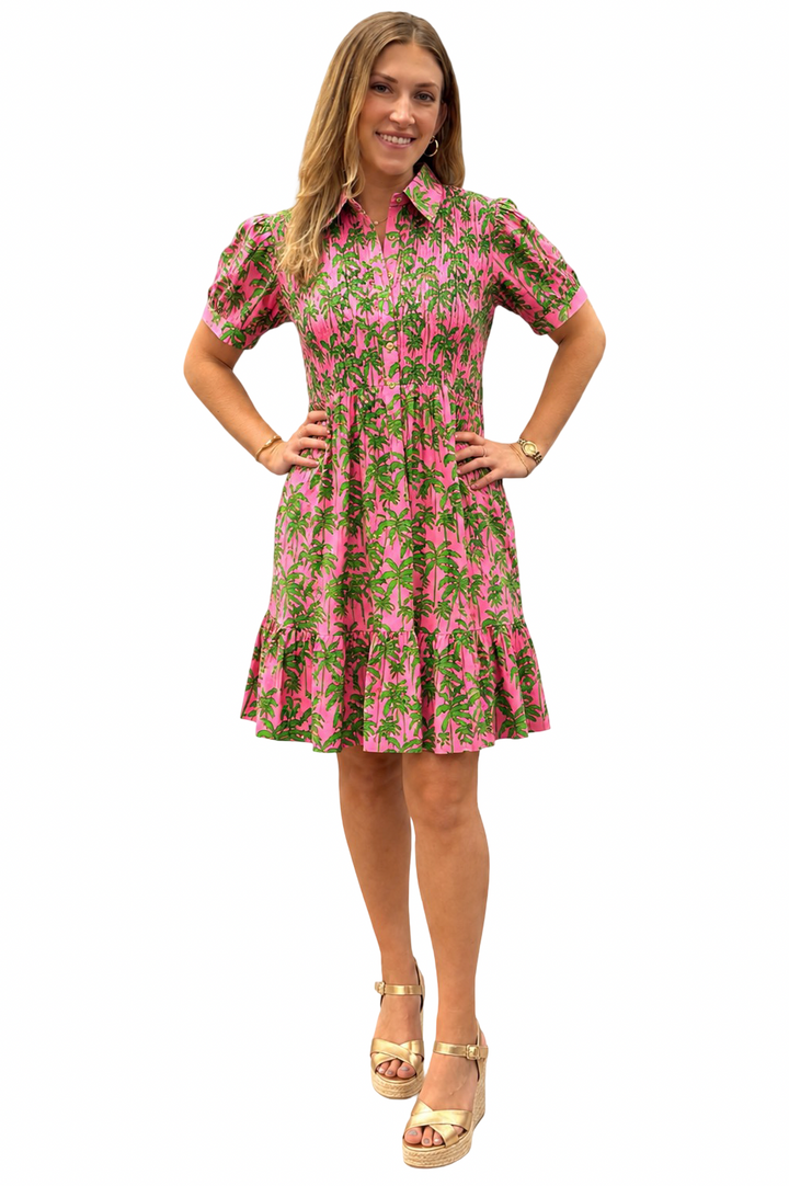 The Tasha Pink and Green Palm Print Smocked Dress