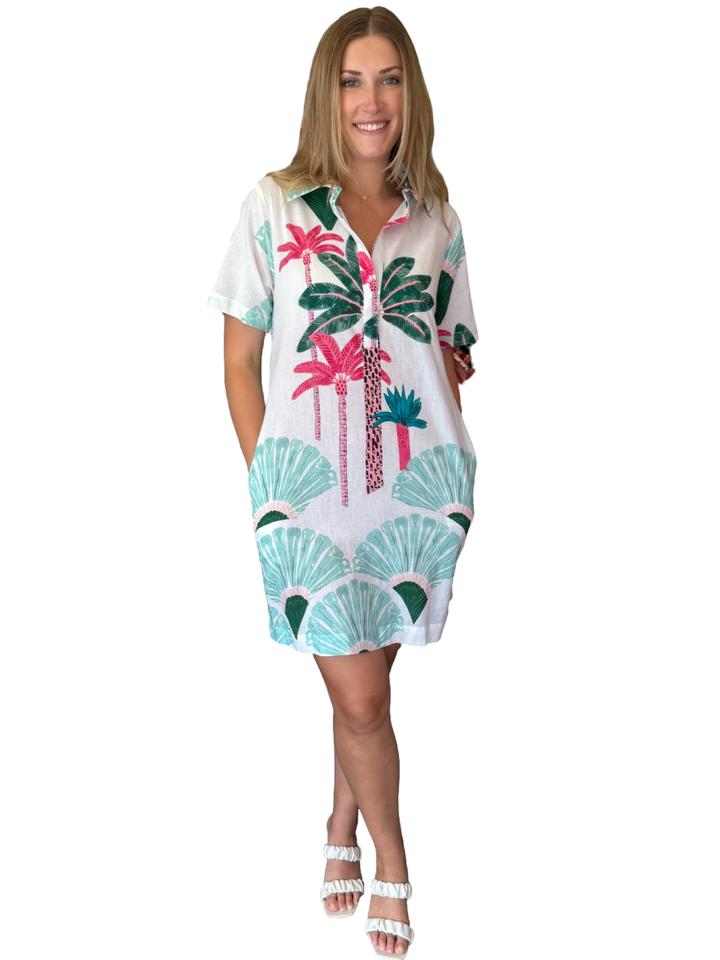 The Annika Short Sleeve Cotton Palm Print Dress — view 3