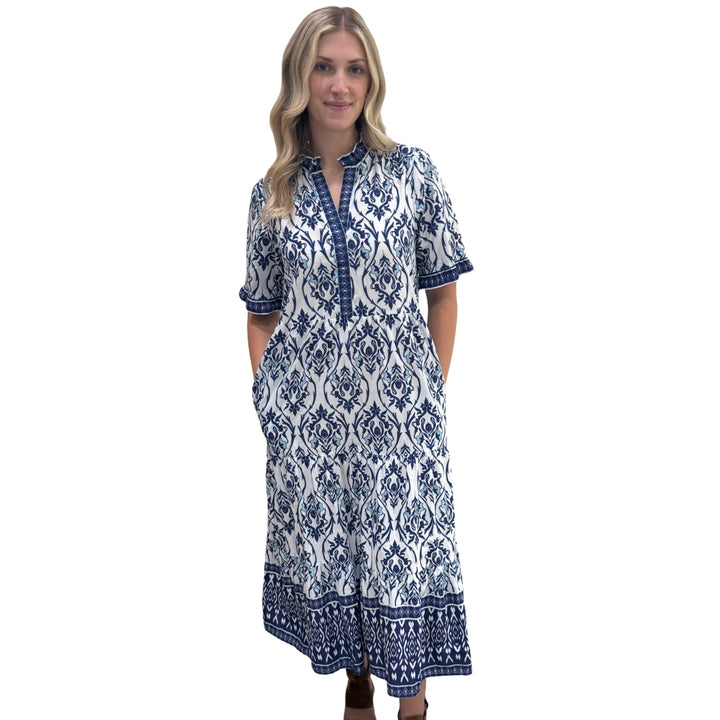 The Campbell Short Sleeve Long Hand Blocked Floral Border Print Dress in Blue and White — view 2