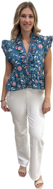 The Bella Flutter Sleeve Top in Blue Pink Metallic — view 3