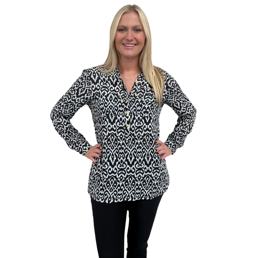 The Gretchen Black and White Ikat Top in Rayon Crepe — view 2