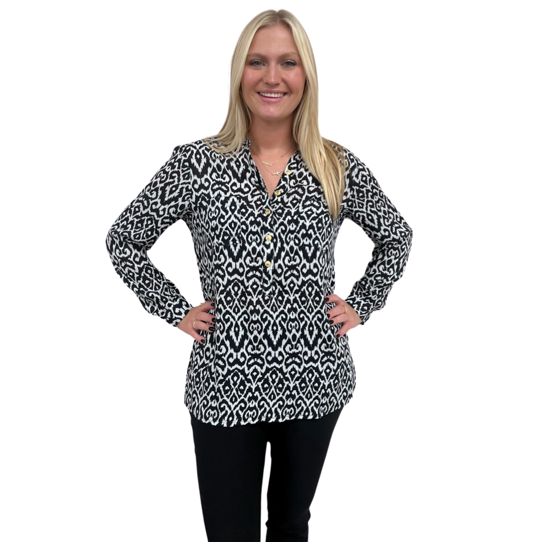 The Gretchen Black and White Ikat Top in Rayon Crepe — view 2