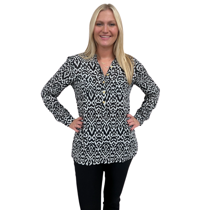 The Gretchen Black and White Ikat Top in Rayon Crepe — view 2
